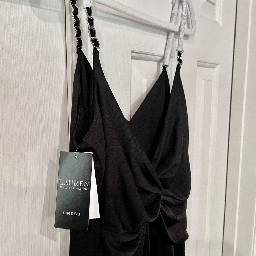 New! 8 Lauren Ralph Twist Back Black Gown Jersey Maxi Dress Chain Straps, Formal - Picture 10 of 15